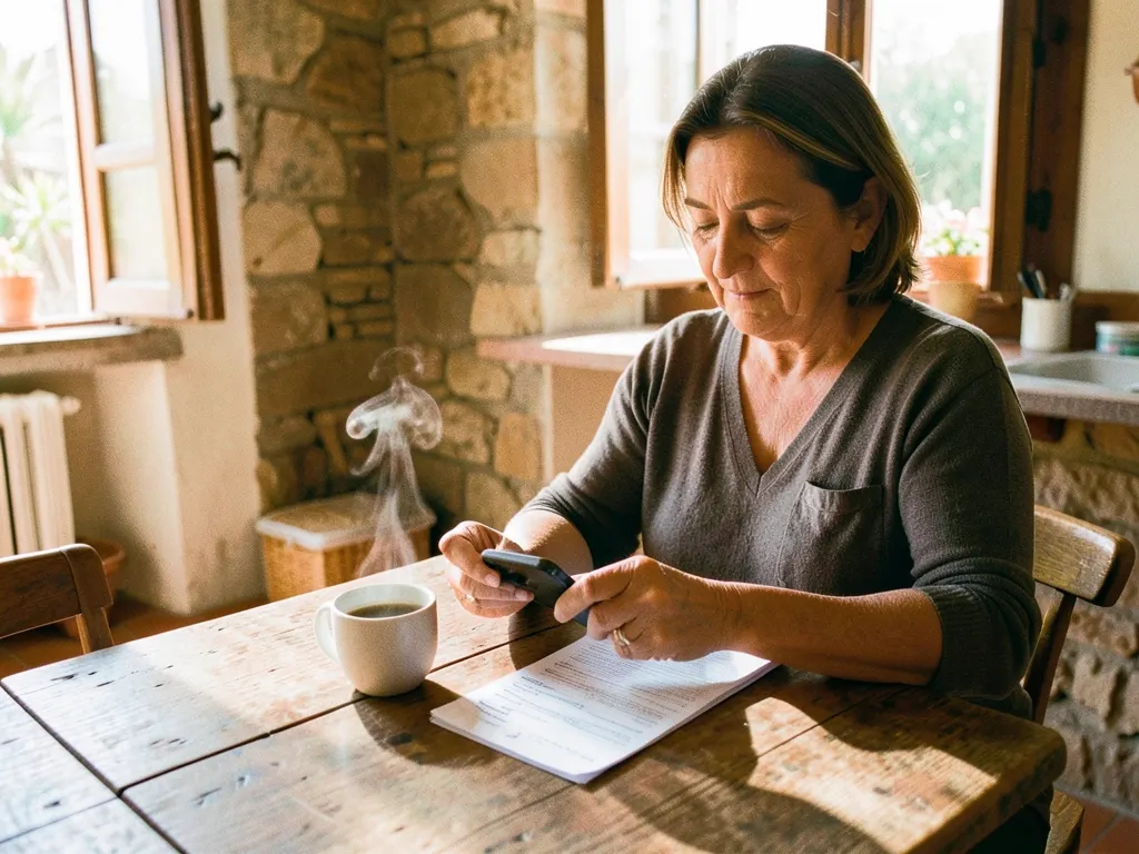 Una mujer con su informe de analítica en papel y el móvil, en la mesa de la cocina