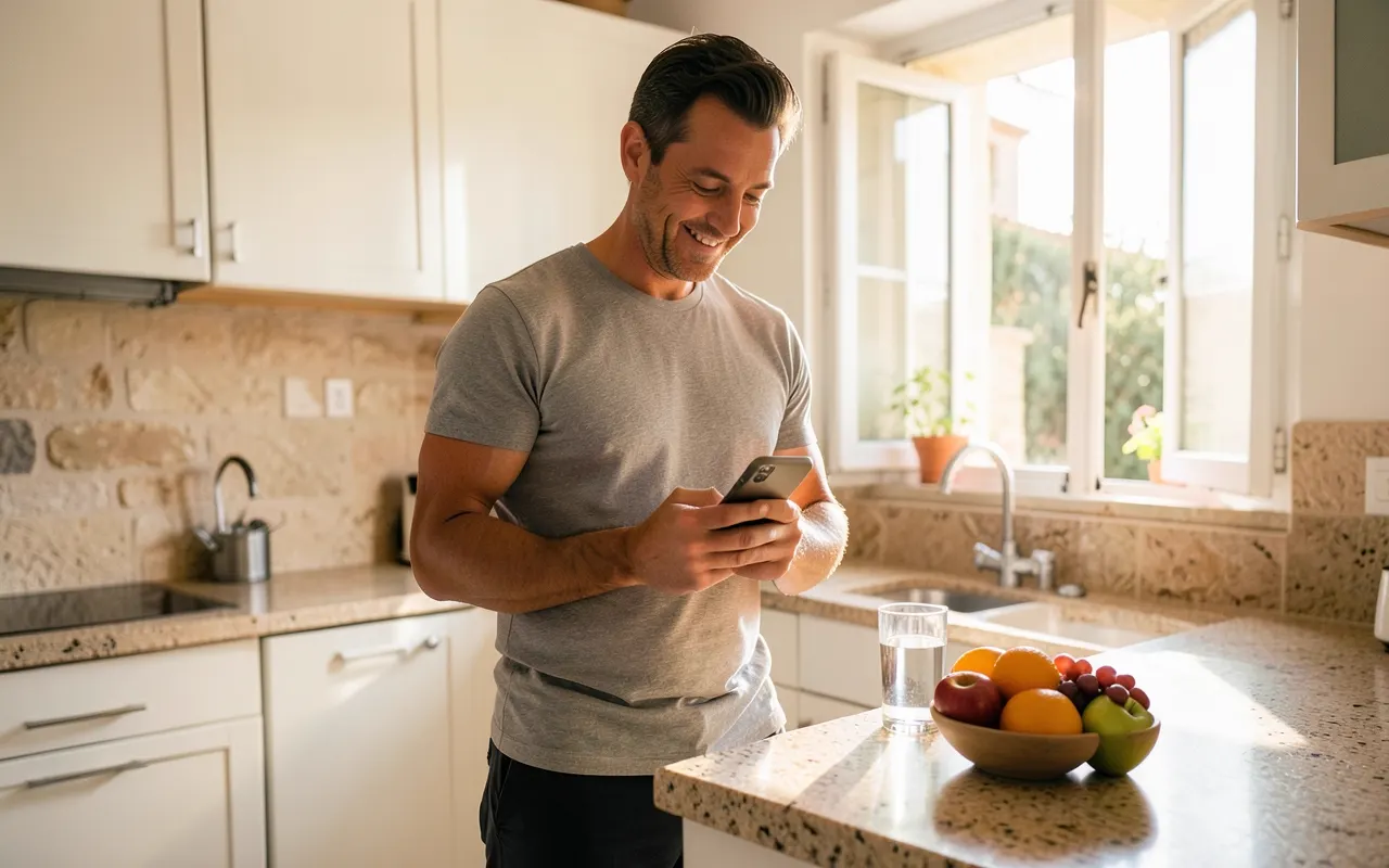 Un hombre sonríe mirando el móvil en su cocina, por la mañana