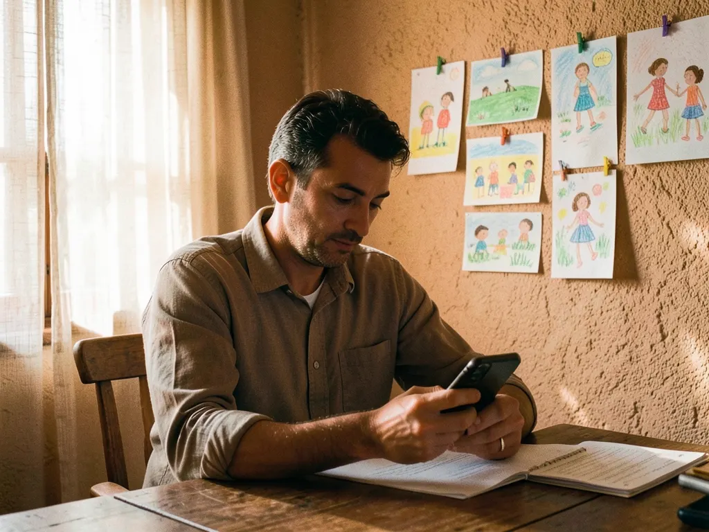 Un padre responde un cuestionario en el móvil; detrás, dibujos de sus hijos