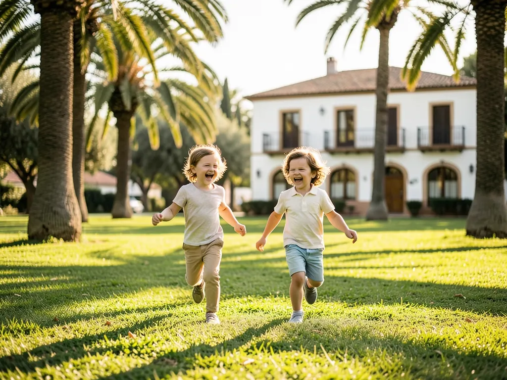 Dos niños corren por el césped de un parque al atardecer