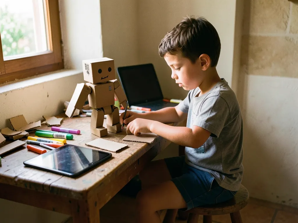 Un niño concentrado construye un robot de cartón en su mesa