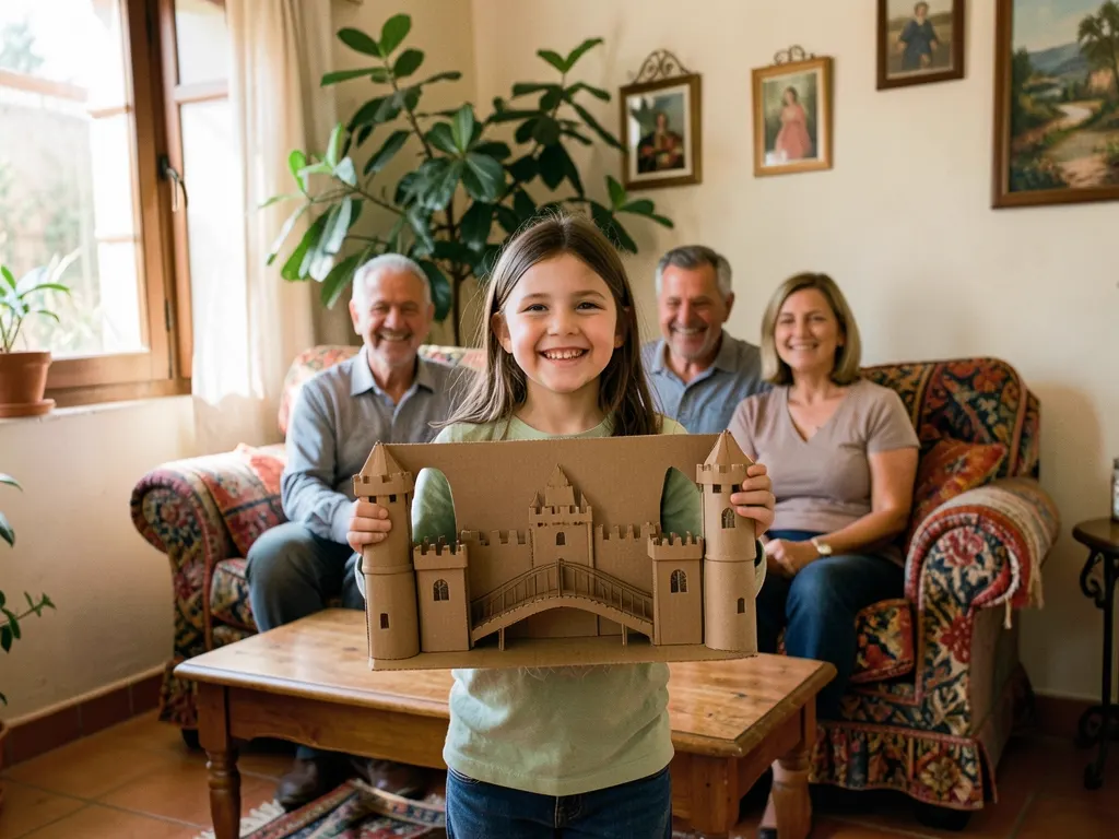 Una niña enseña su proyecto terminado a su familia