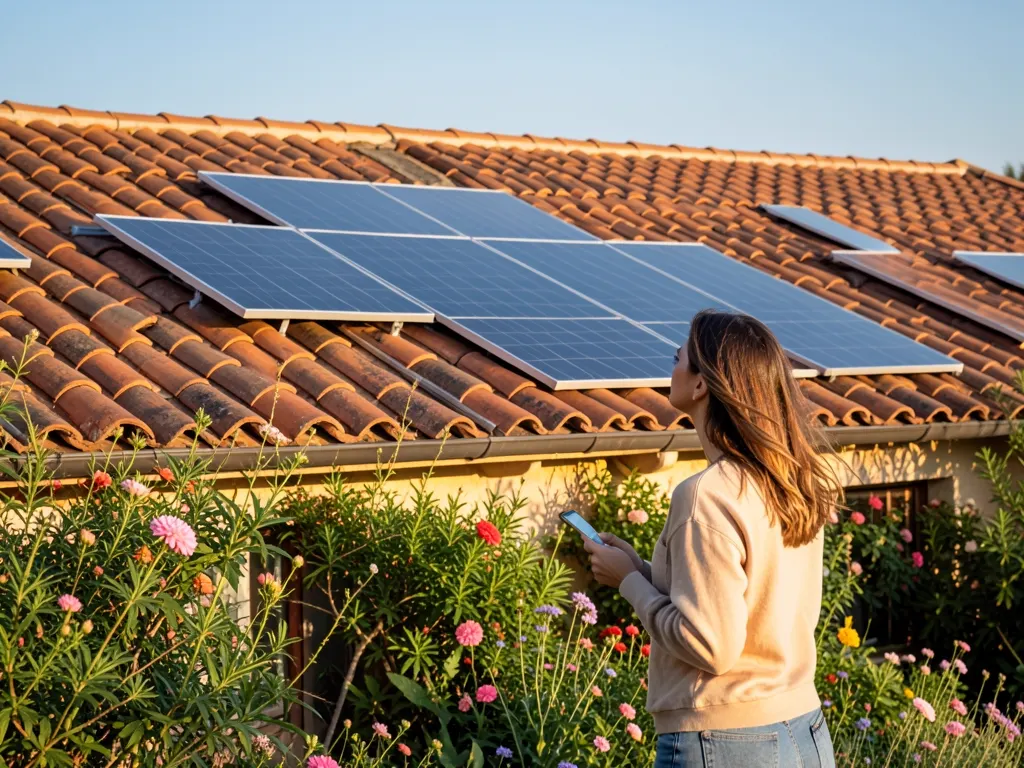 Placas solares en un tejado de teja; en el jardín, una mujer las mira