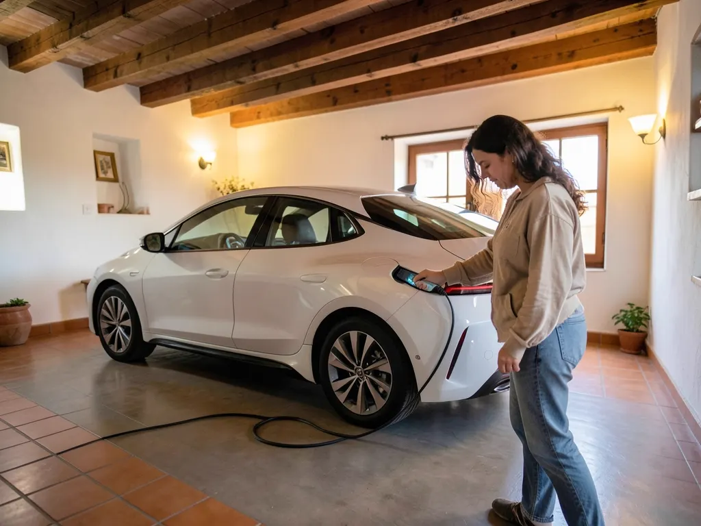 Una mujer enchufa su coche eléctrico en el garaje, de noche