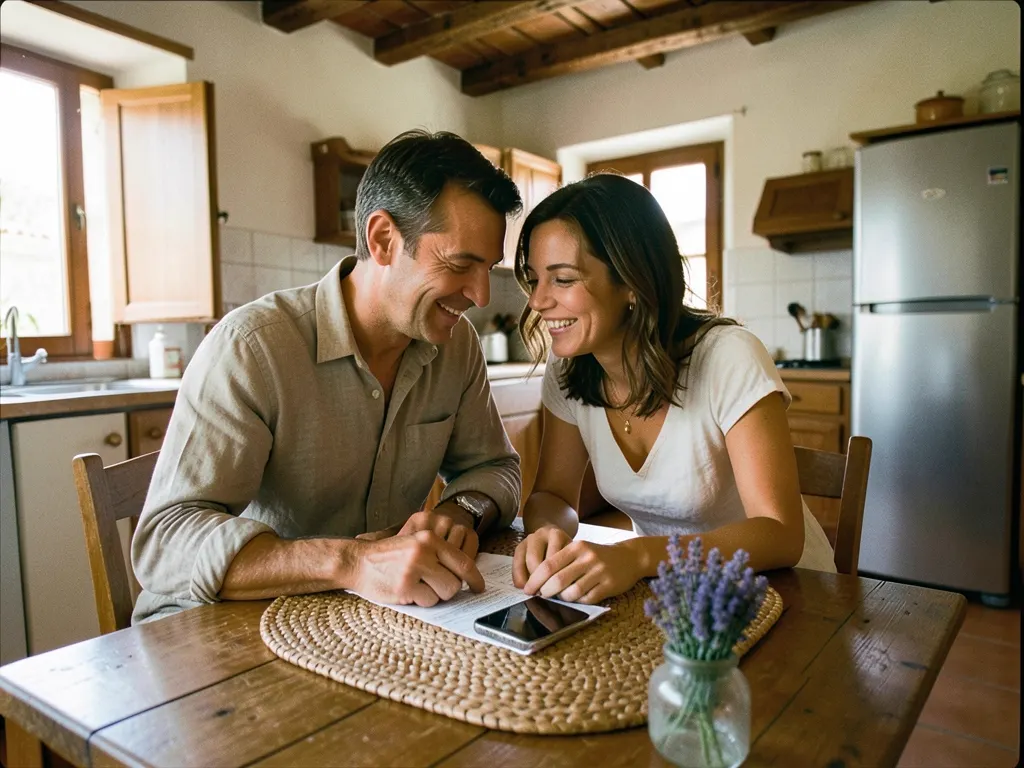 Una pareja revisa la factura de la luz en la mesa de la cocina