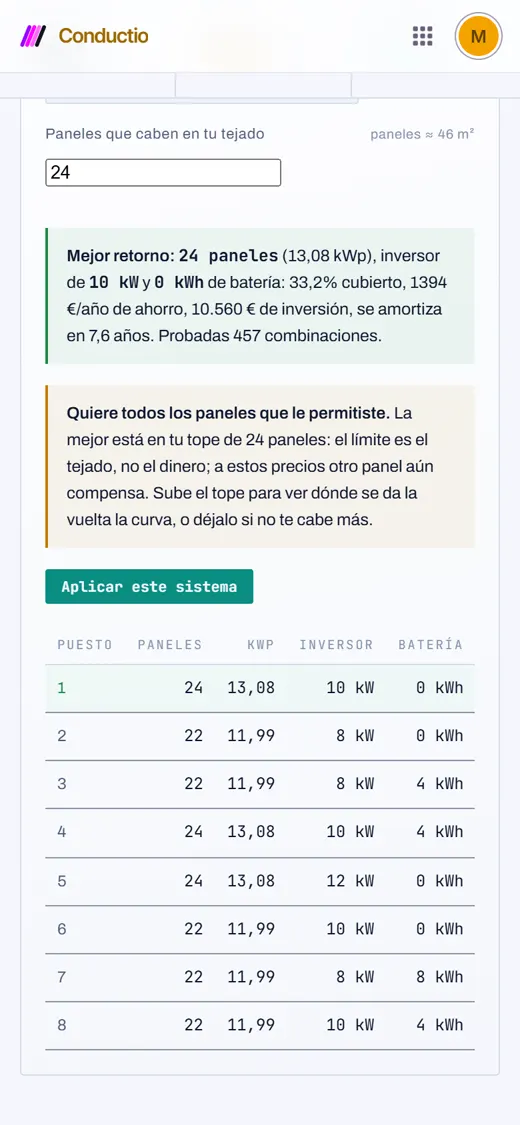 El optimizador de Conductio buscando la mejor combinación