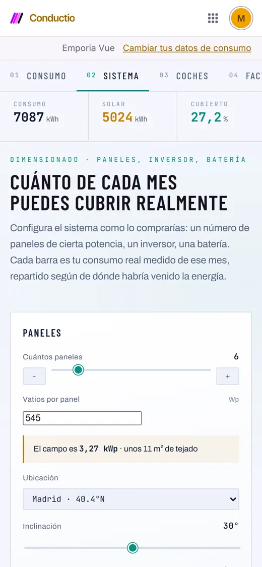 Pantalla «Sistema» de Conductio: paneles, inversor y batería
