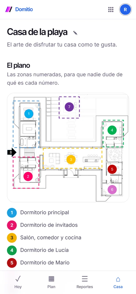 Pantalla de Domitio con el plano de la casa y sus zonas numeradas