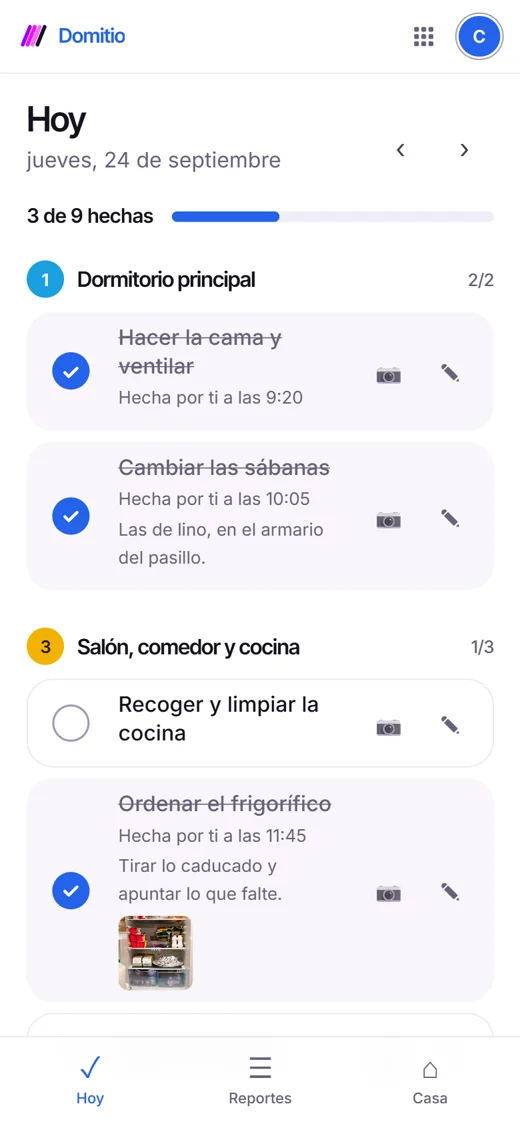 Pantalla «Hoy» de Domitio: el orden del día por zonas, con tareas marcadas