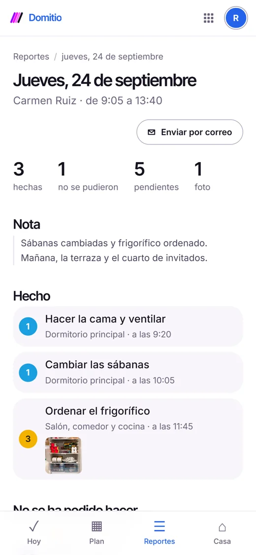 Pantalla del informe de la jornada: hecho, pendiente, fotos y nota