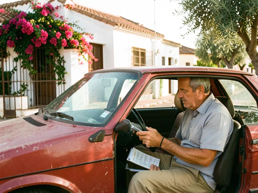 Un hombre en el asiento del conductor, con el móvil y los papeles del coche
