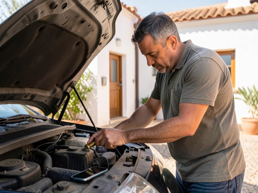 Un hombre comprueba el nivel de aceite de su coche en la entrada de casa
