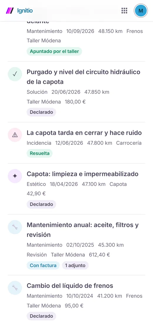 Bitácora de Ignitio: mantenimientos y una reparación, con kilómetros, taller y coste