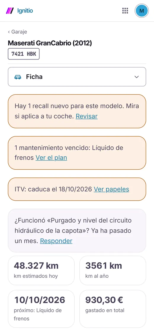 Ficha de un coche en Ignitio: aviso de un recall, la ITV que caduca, los kilómetros y el gasto