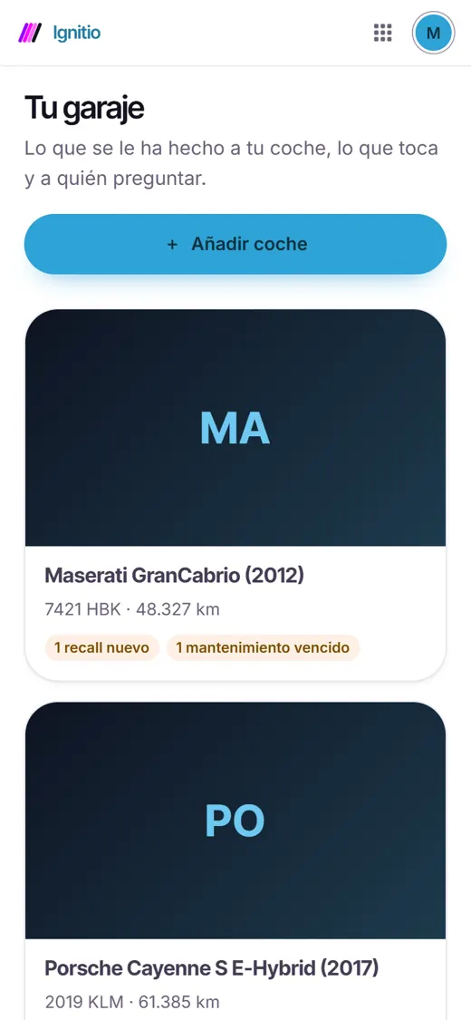 Garaje de Ignitio con dos coches y un recall nuevo