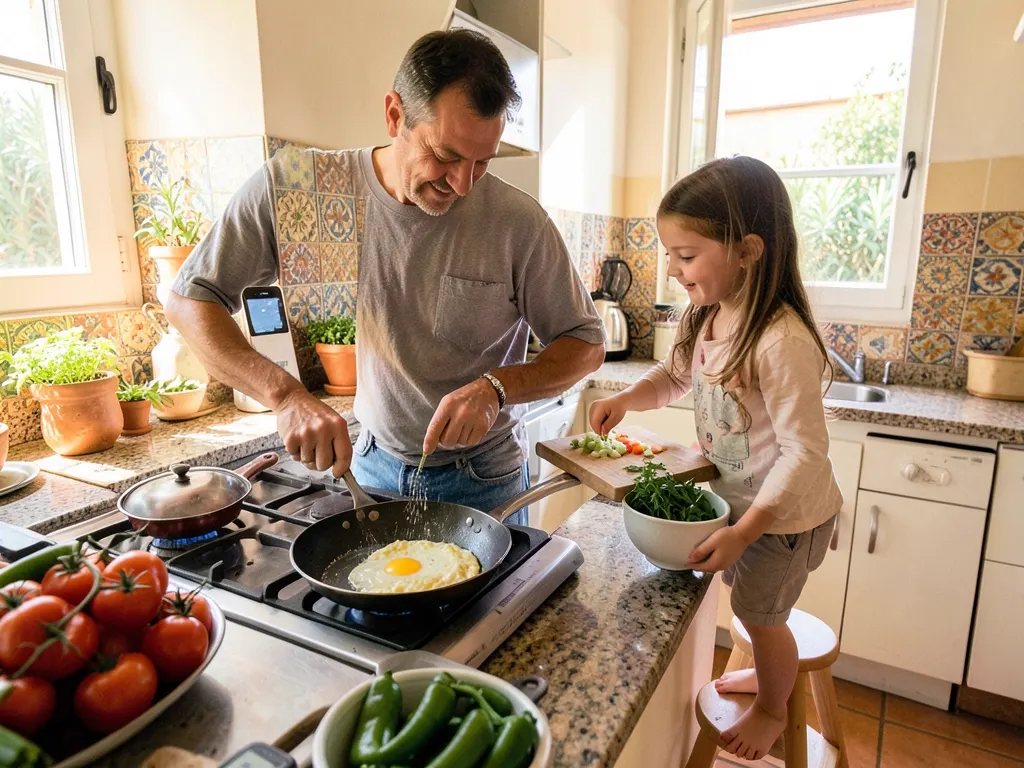 Un padre y su hija cocinan una tortilla de verduras