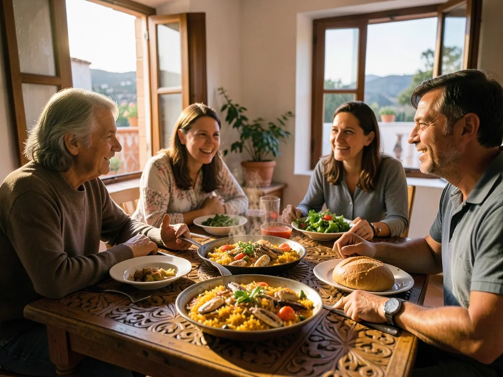 Una familia de cuatro cena junta en una mesa de madera