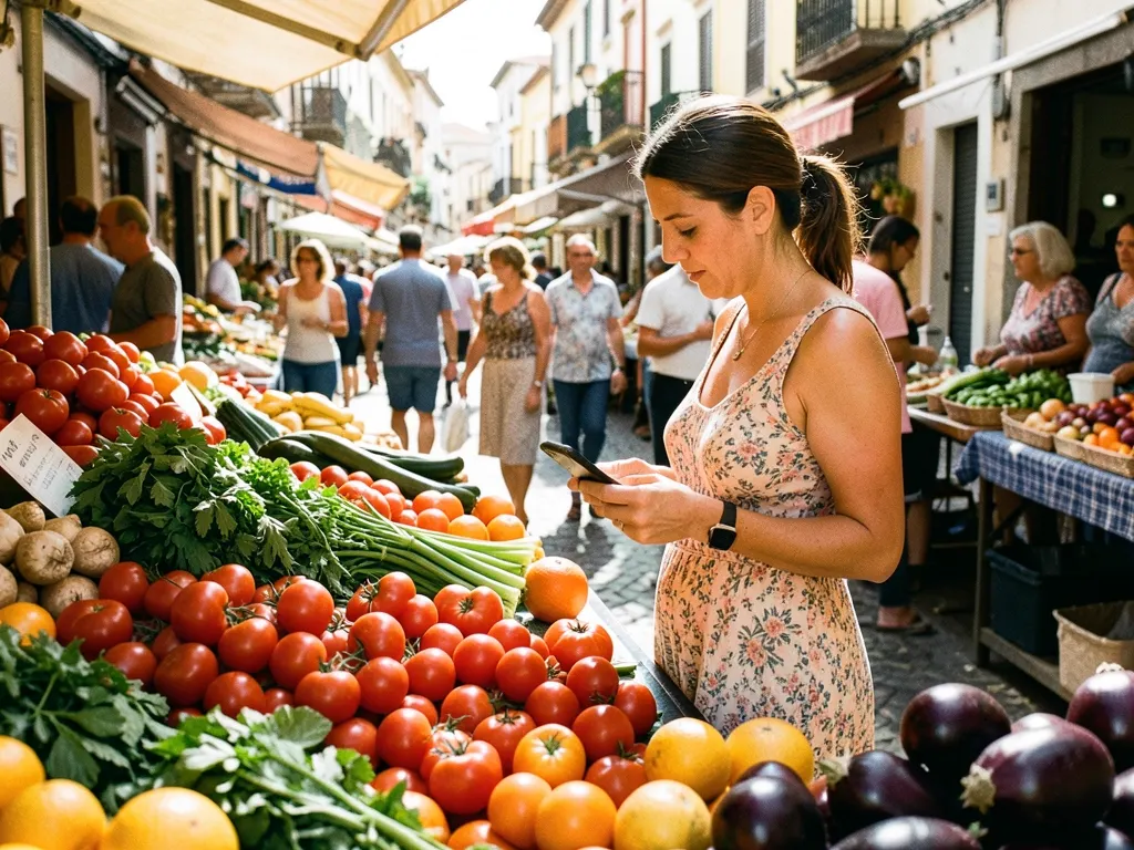 Una mujer escoge tomates en un mercado con el móvil en la mano