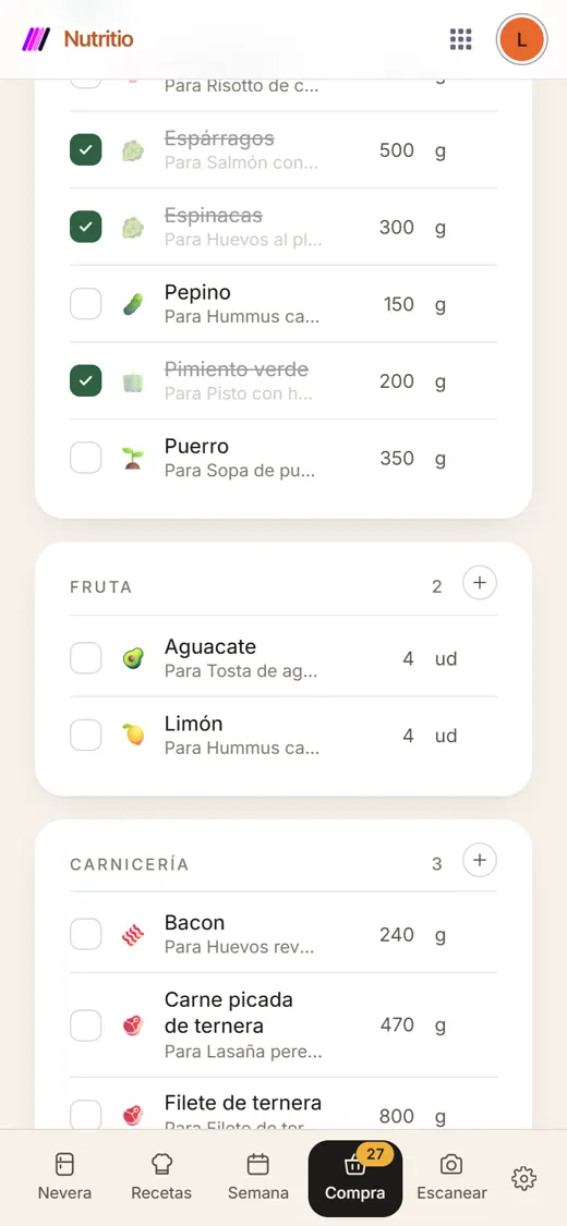 Lista de la compra de Nutritio con productos marcados