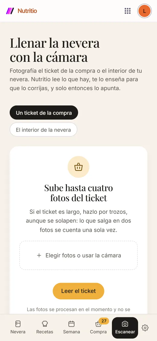 Pantalla «Llenar la nevera con la cámara» de Nutritio