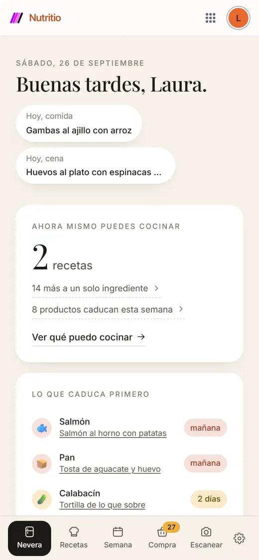 Pantalla «Nevera» de Nutritio: lo que puedes cocinar ahora y lo que caduca primero