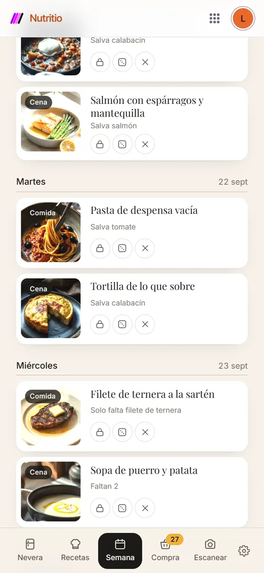 La semana de Nutritio: comida y cena de cada día